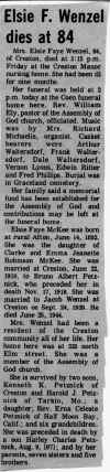 Notification of the death of Elsie McKee in the Creston News Advertiser - click for larger view
