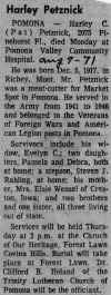 Announcement of the death of Harley Petznick in the California paper - click for larger view